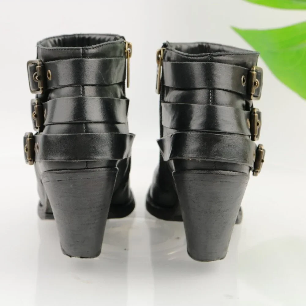 SCHUTZ Womens Sher Boots Size 6.5 Black Leather Triple Buckle Block Heel Booties